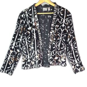 Chicos Burnout Velvet Topper 1 Black Silver Gold Art to Wear Open Front Boho